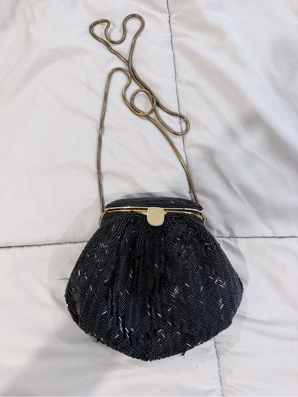 Vintage Black Beaded Shoulder Bag with Gold Chain